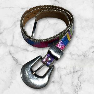 Vintage 1980’s Belt Abstract Retro Leather Buckle Colorful Silver Buckle 26”-35”
